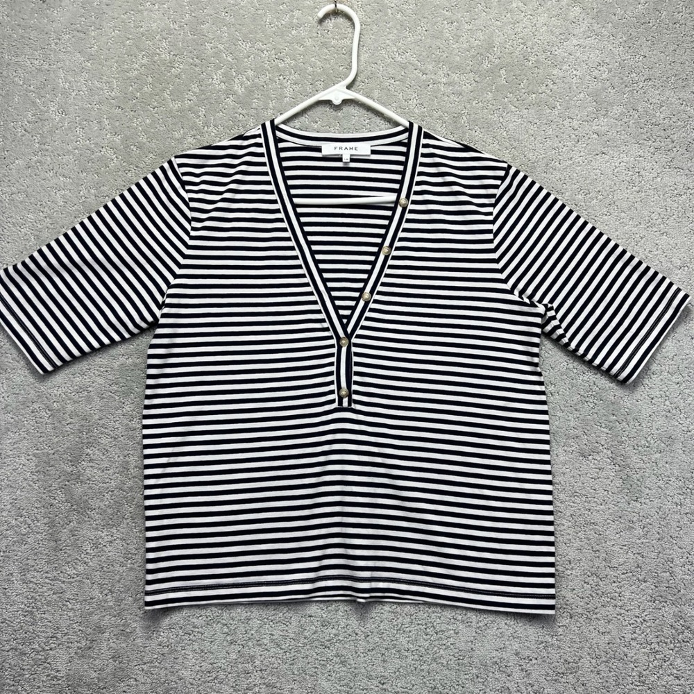 FRAME Short Sleeve Top Womens Large Navy White Striped Henley V-Neck French Girl